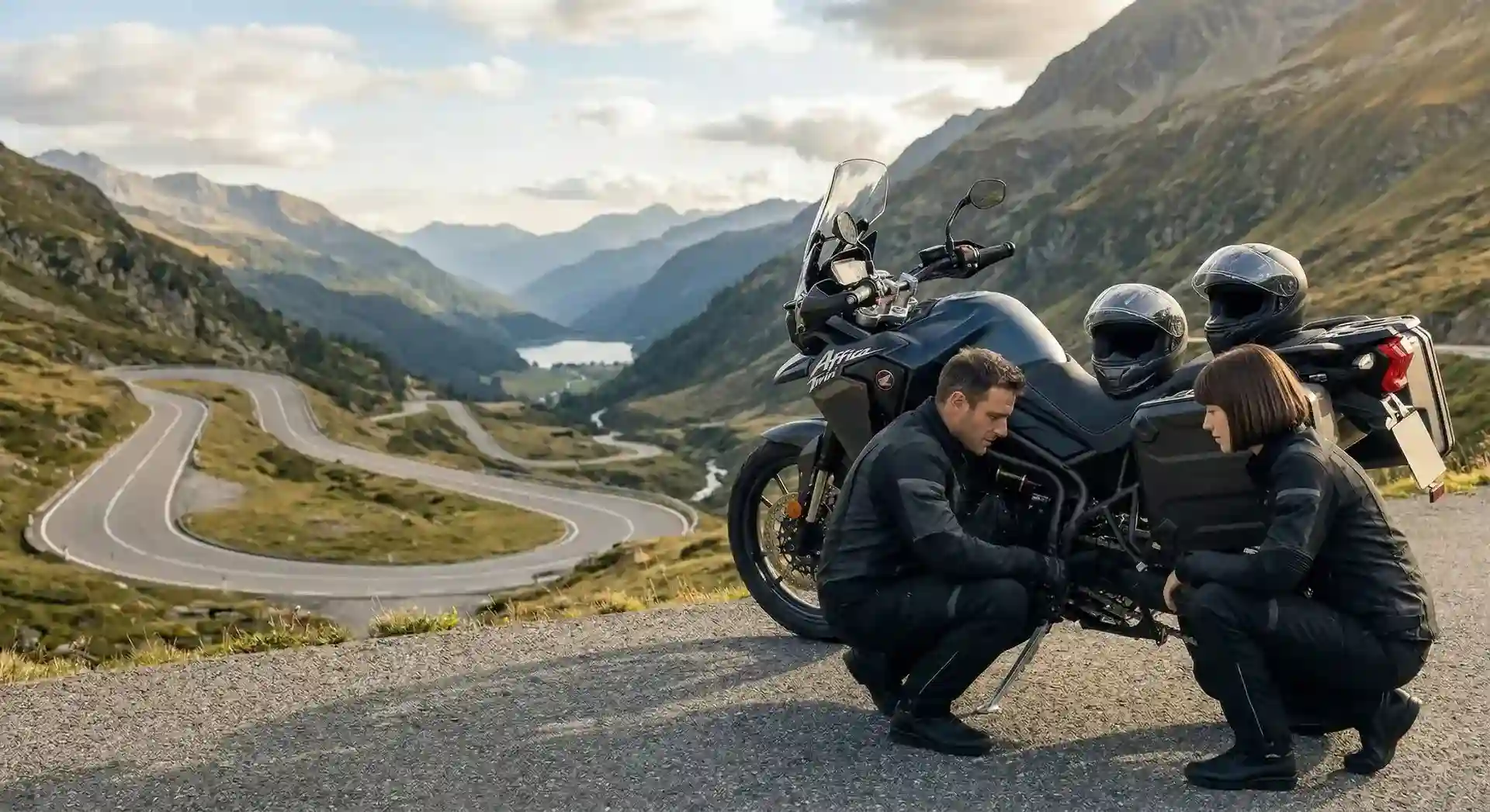 iki kişi manzaraya karşı motorsiklet zincir kontrolü yapıyor